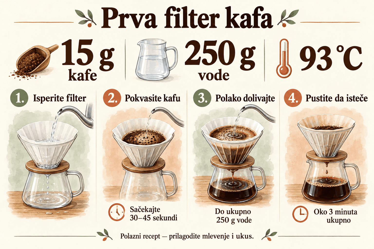 Polazni recept za filter kafu: 15 g kafe, 250 g vode i četiri koraka do prve šolje.
